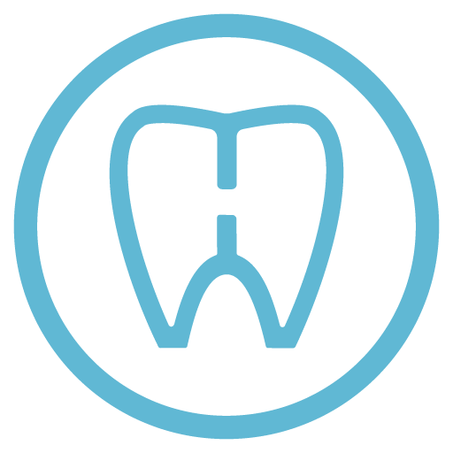 Simple blue tooth icon enclosed in a circular outline, representing dental health.